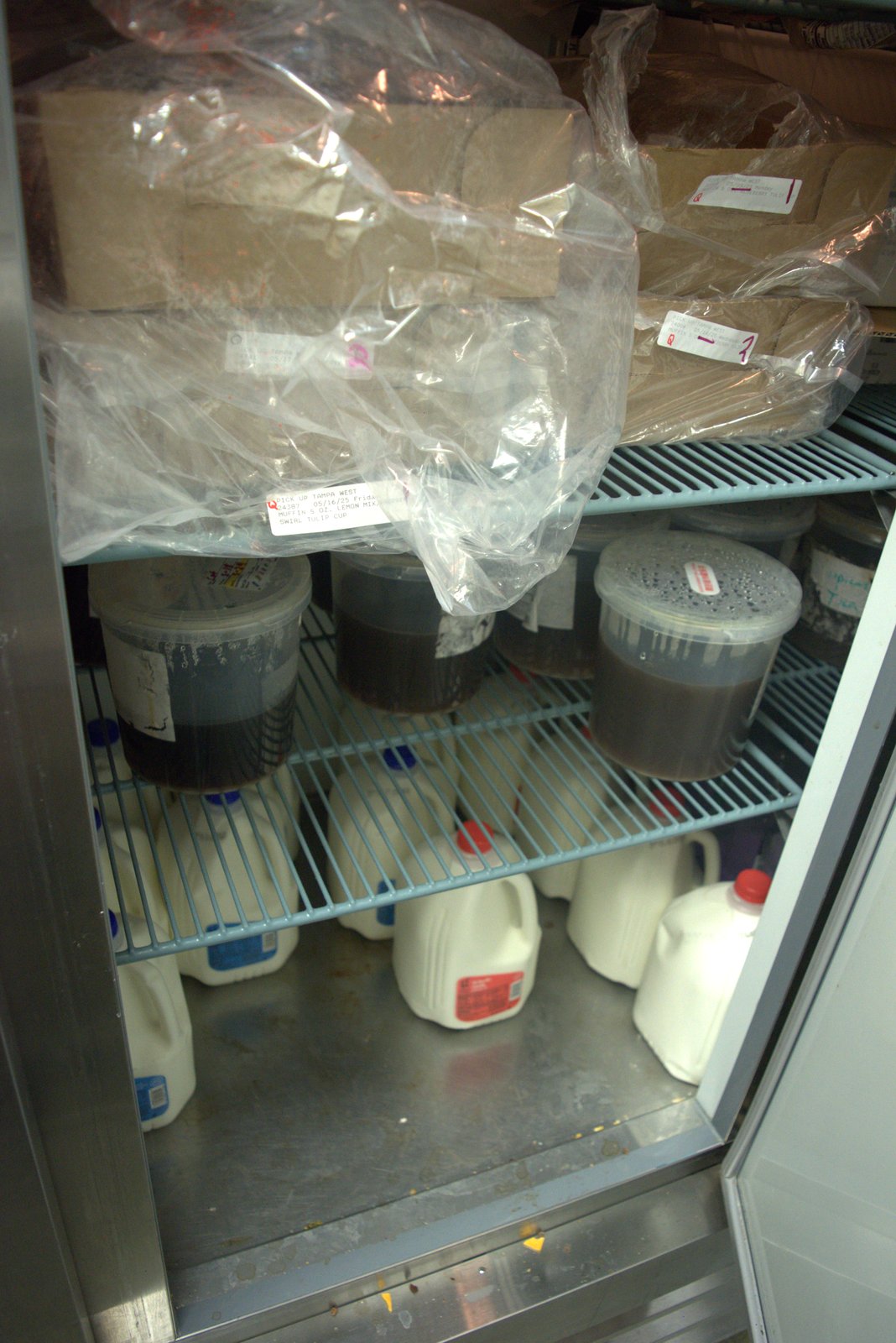 Walk-in fridge bottom — open gallon jugs of milk on the floor with bakery boxes dripping above