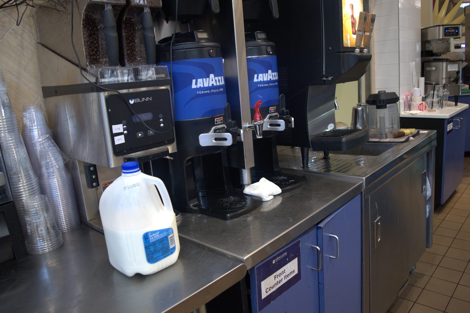 Brew station — two large Lavazza-branded coffee airpots as the primary drip coffee dispensers at the Qargo Coffee FOH